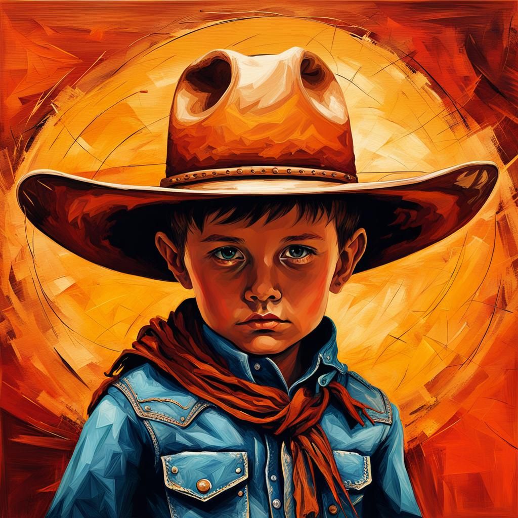 Little Cowboy with Giant Hat in Abstract Art
