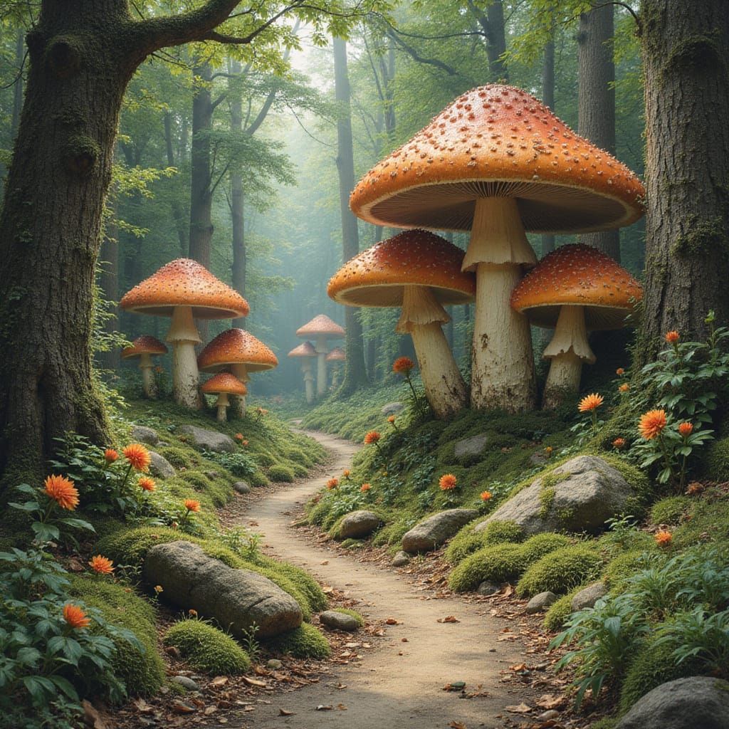 Tolkien-Style Whimsical Mushrooms in a Fantastical Forest