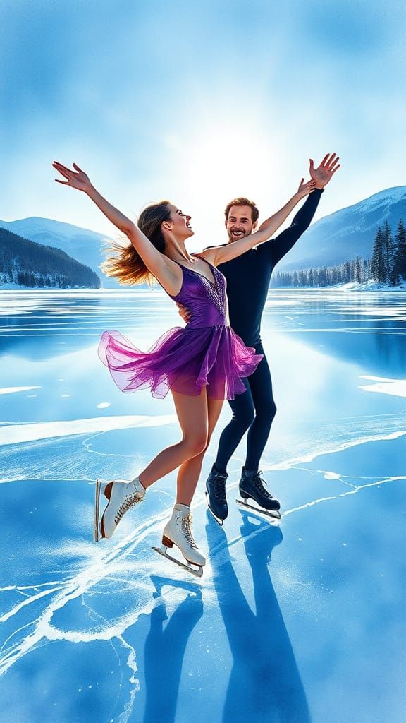 Elegant Figure Skater on Frozen Lake Baikal in Vibrant Color...