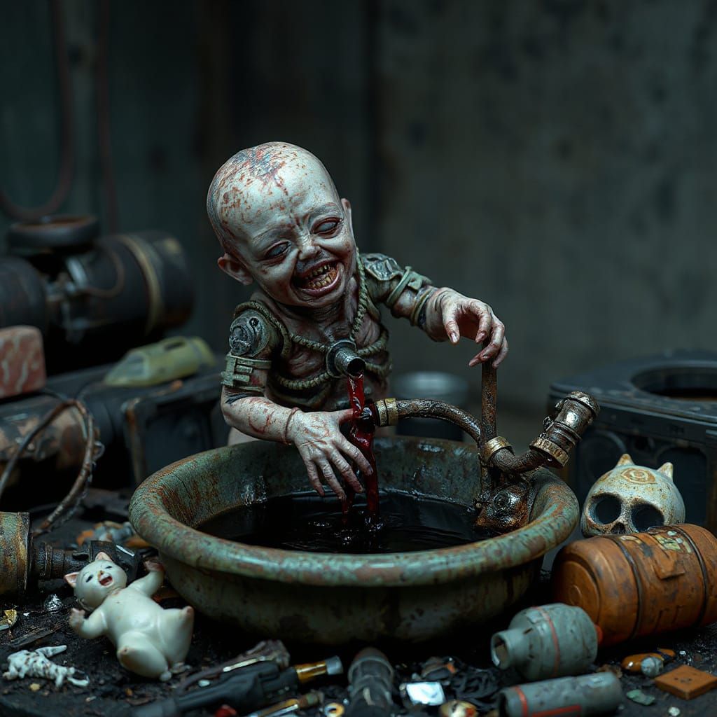 Grotesque Biomechanical Baby Fountain in Dark Surrealism