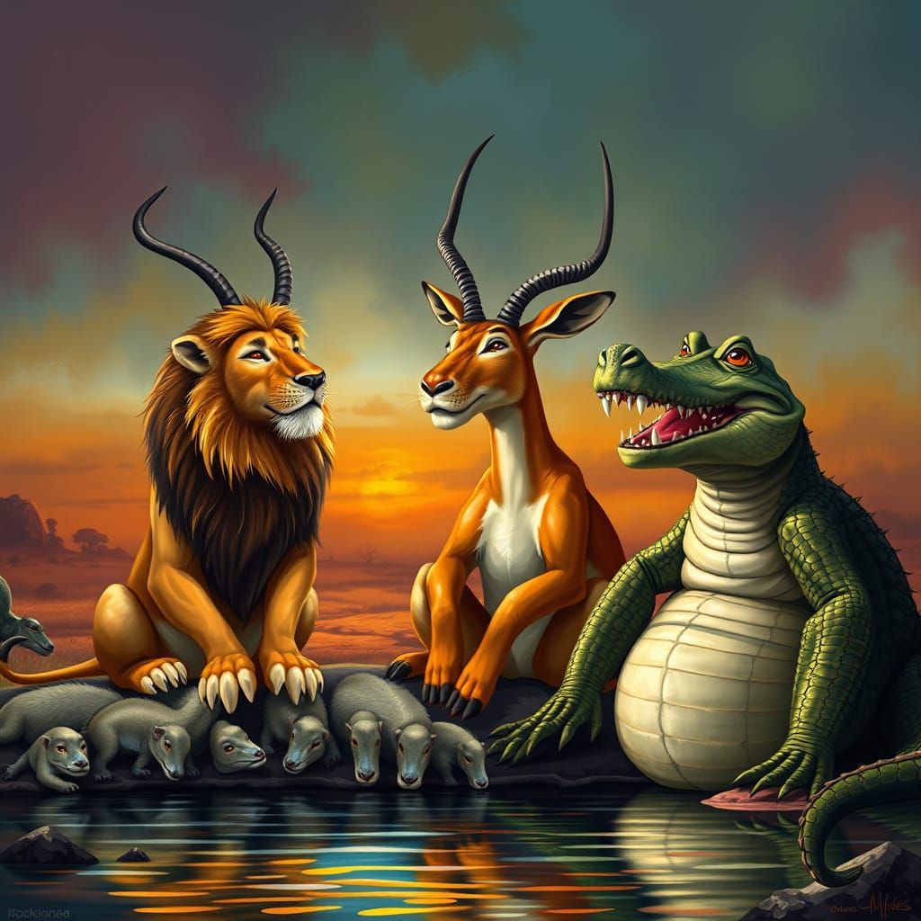 Lion, Gazelle, Crocodile Chatting at Watering Hole