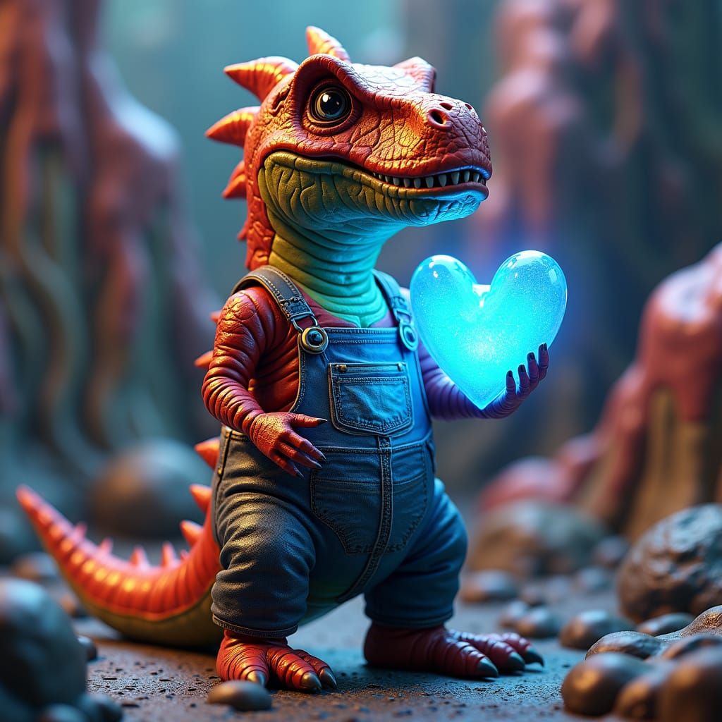 Whimsical T-Rex Hybrid Embodies Radiant Heart in Colorful Co...