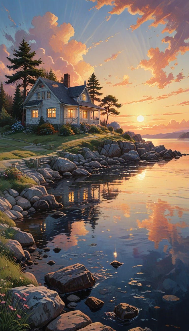 Scandinavian Midsummer Cottage in Gouache Watercolor Style