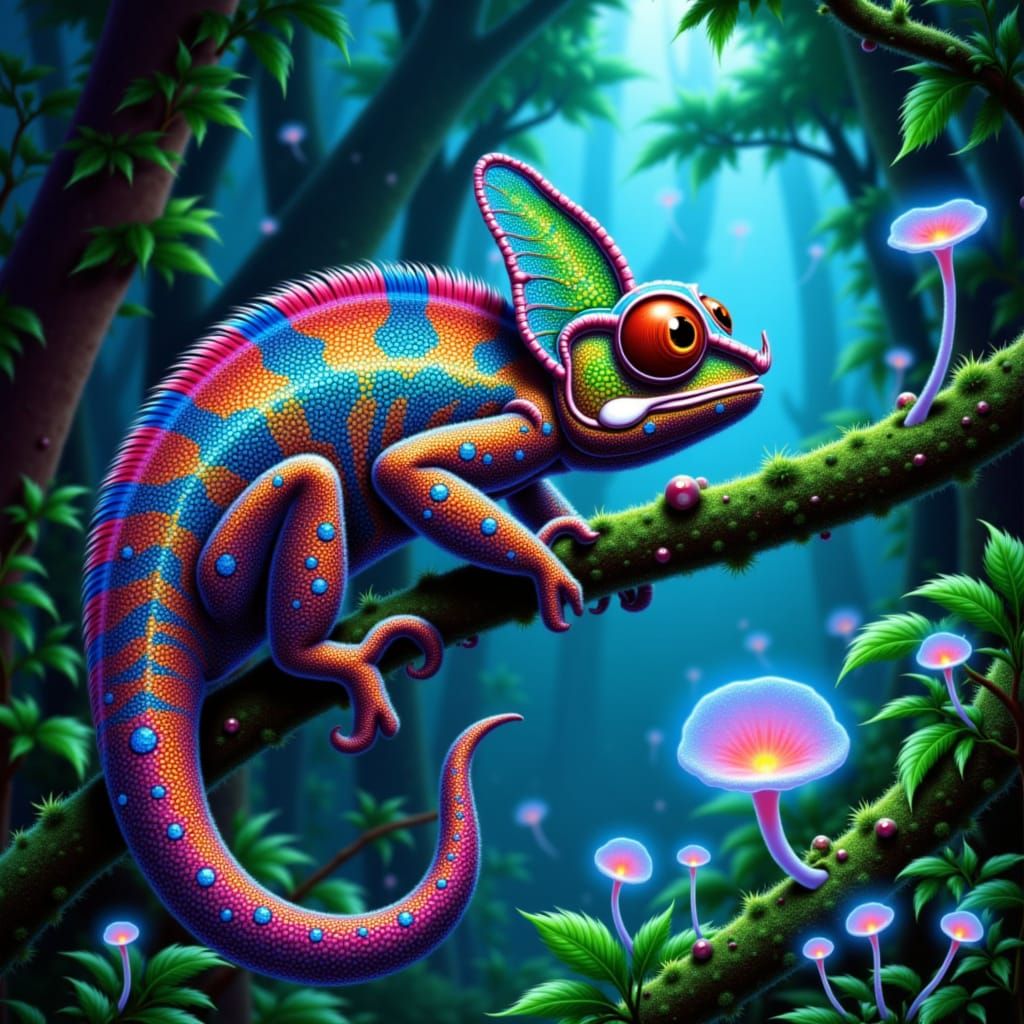 Hyperrealistic Chameleon on Branch with Bioluminescent Fungi