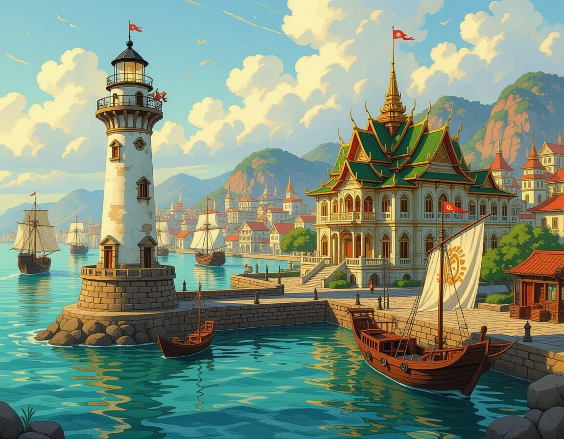 Fantasy Harbor City with Lighthouse, Oil Painting Style