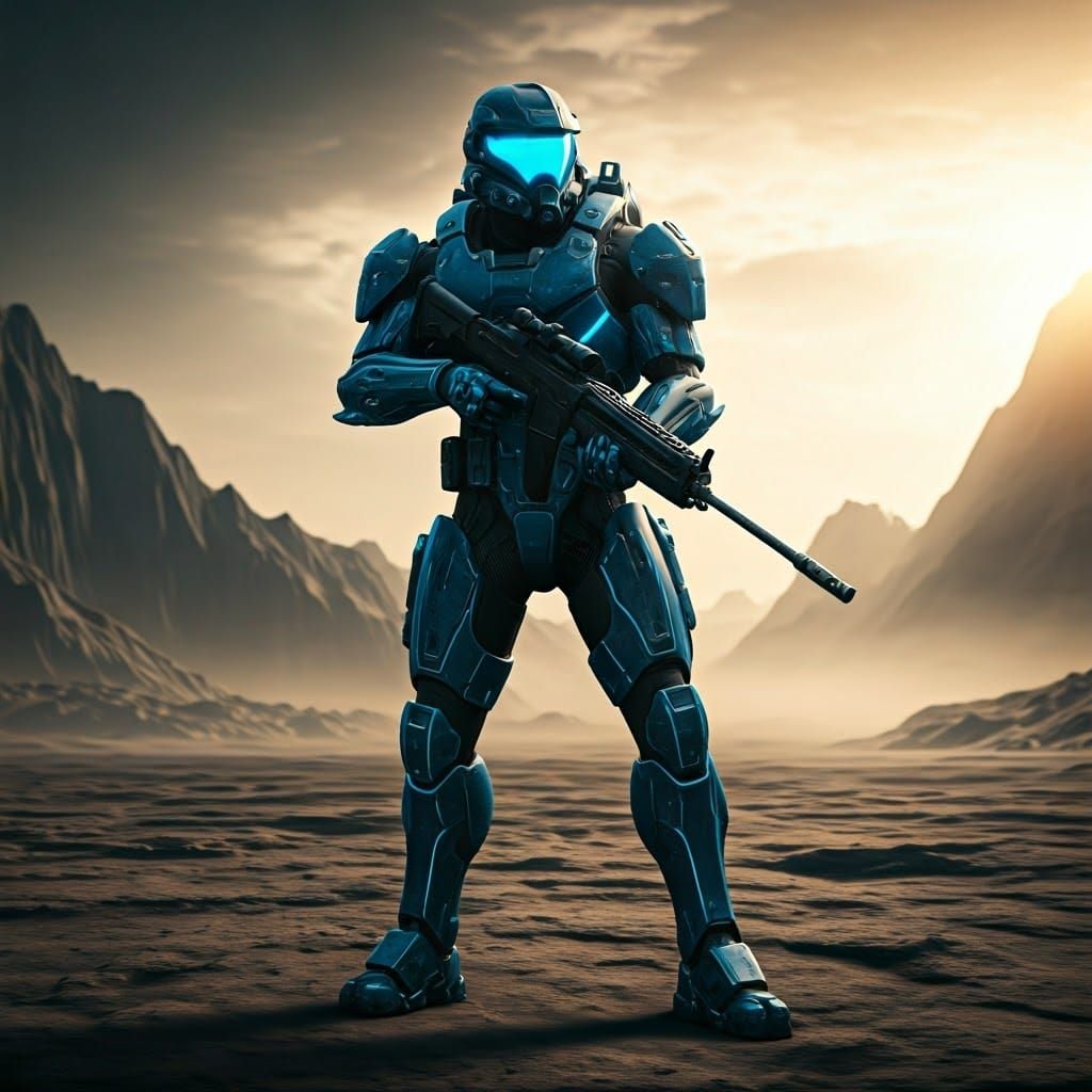 Futuristic Soldier in Post-Apocalyptic Landscape, Film Noir
