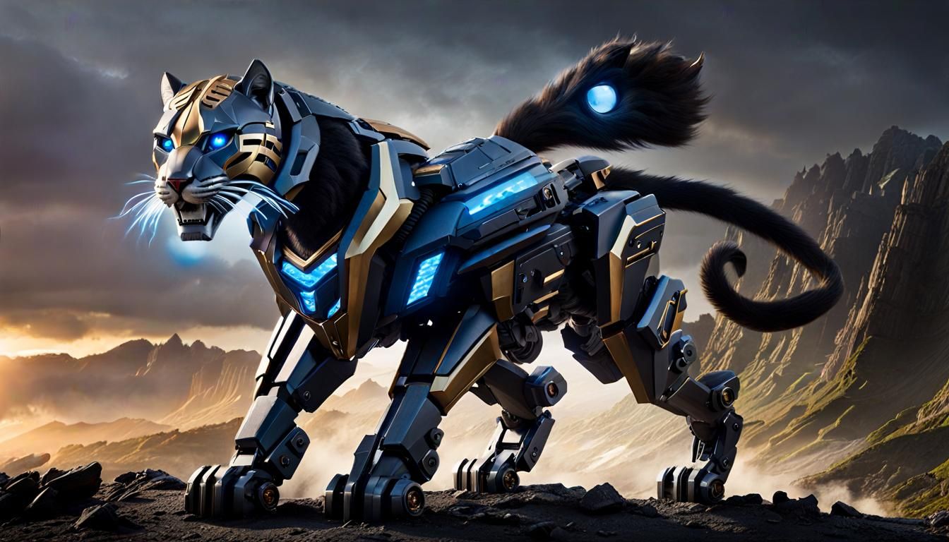 Cybernetic Panther Prowling Dark City Streets