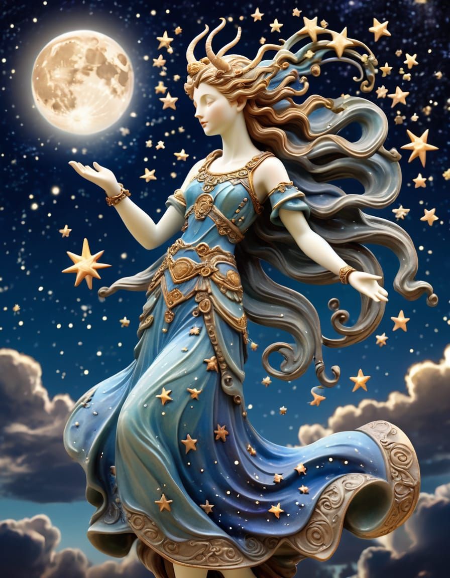 Mythological Goddess Twinkling Under Moonlit Sky