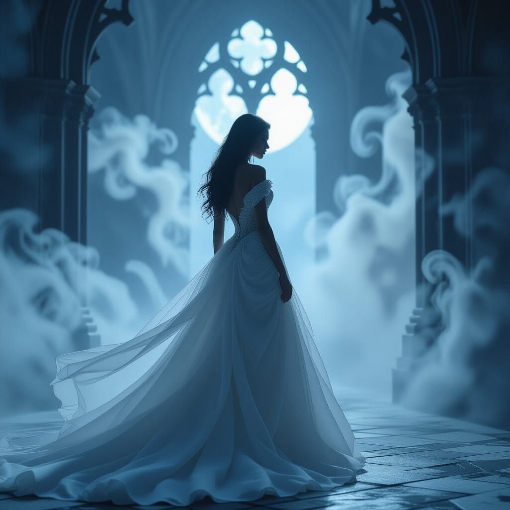 Ethereal Woman in Gothic Architecture by Moonlight