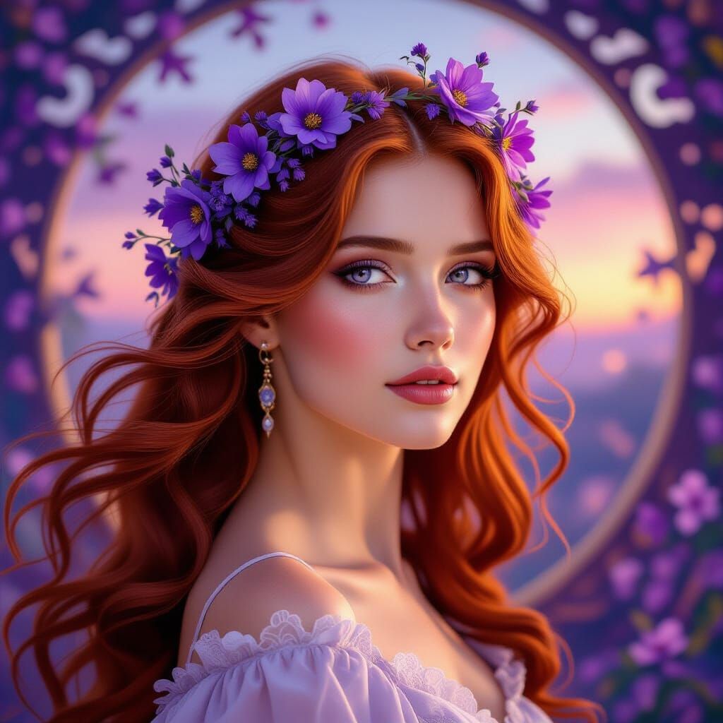 Woman with Purple Flowers in Pre-Raphaelite Style