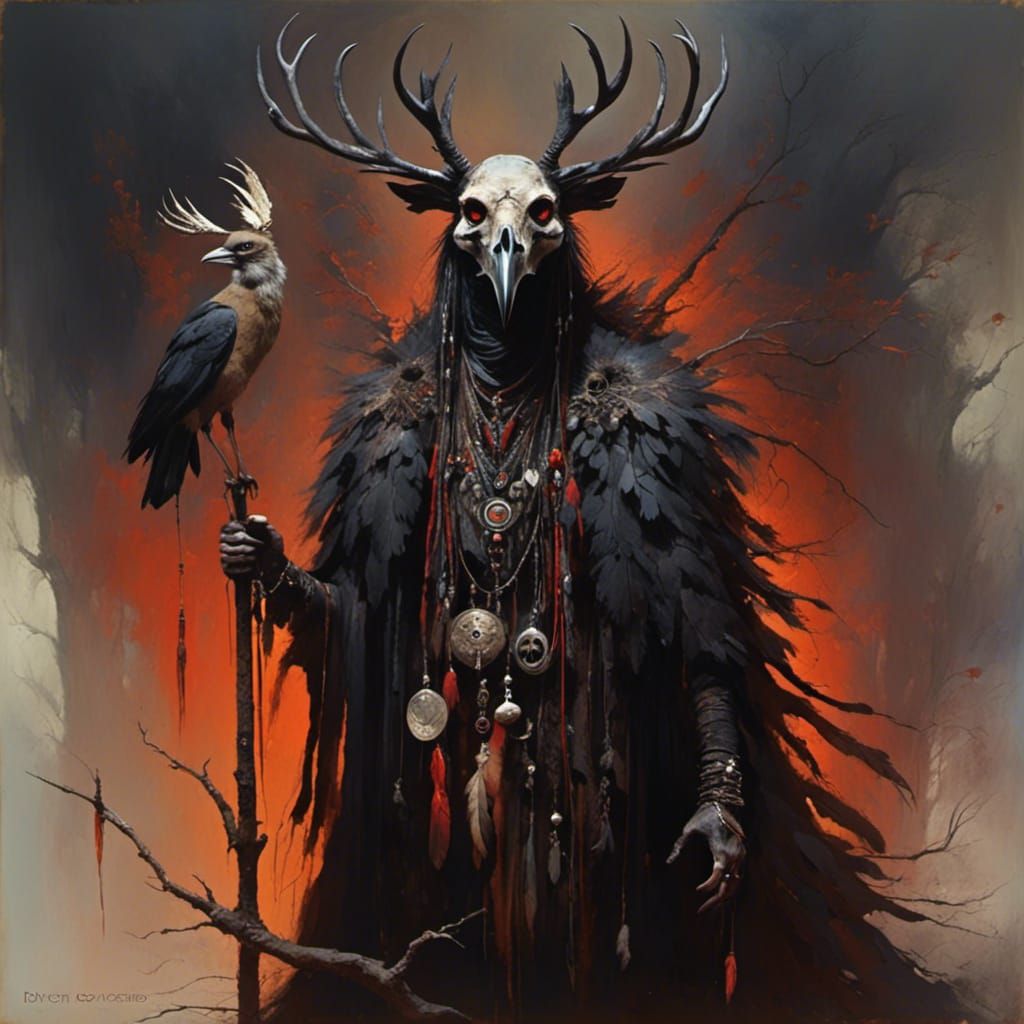 Raven Shaman with Deer Skull, Oil Painting
