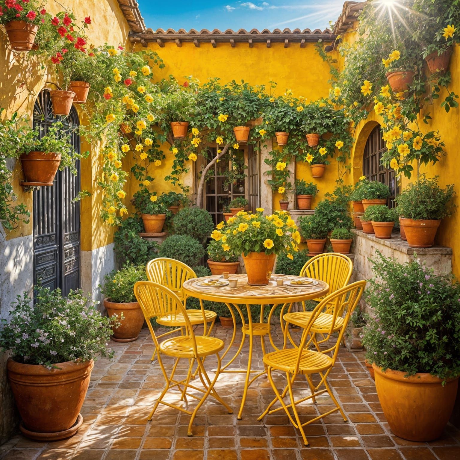 Italian Courtyard Garden with Yellow Flowers