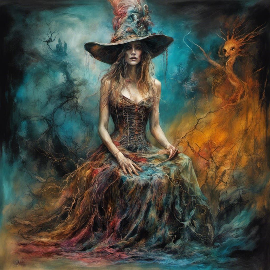 Surreal Ancient Witch Sewing in Dreamscape