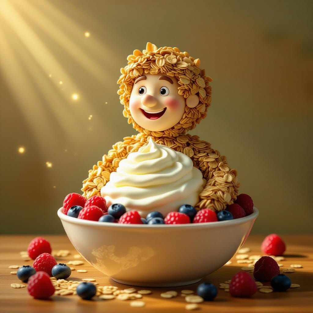 Whimsical Granola Man Illustration in Berry Bowl