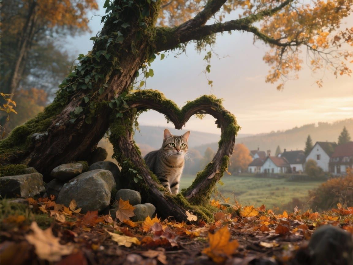 A Cat,a Heart and Autumn landscape, morning twilight.