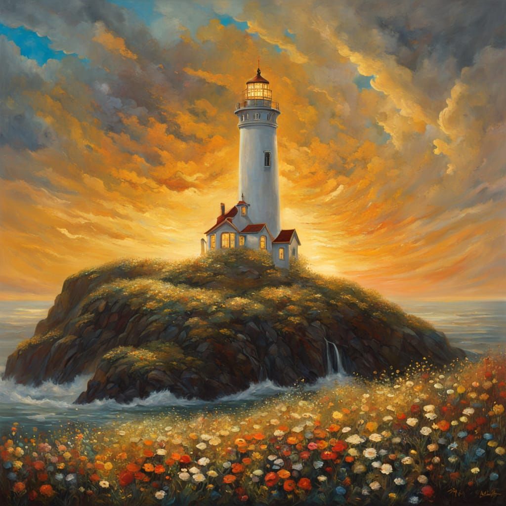 Luminous Lighthouse Amidst Vibrant Blooms, in Art Nouveau St...