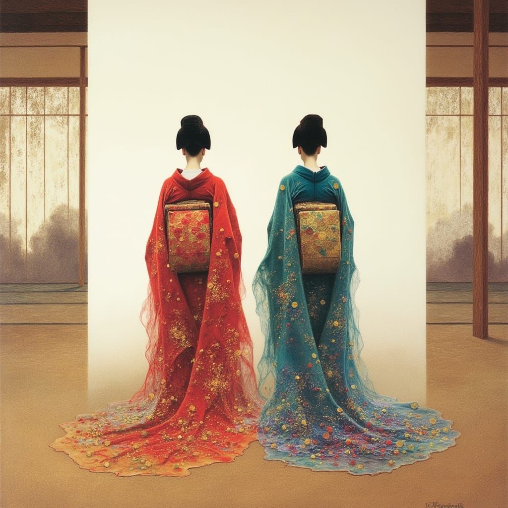 Geishas Spill Vibrant Colors onto Canvas in Sumi-e Style