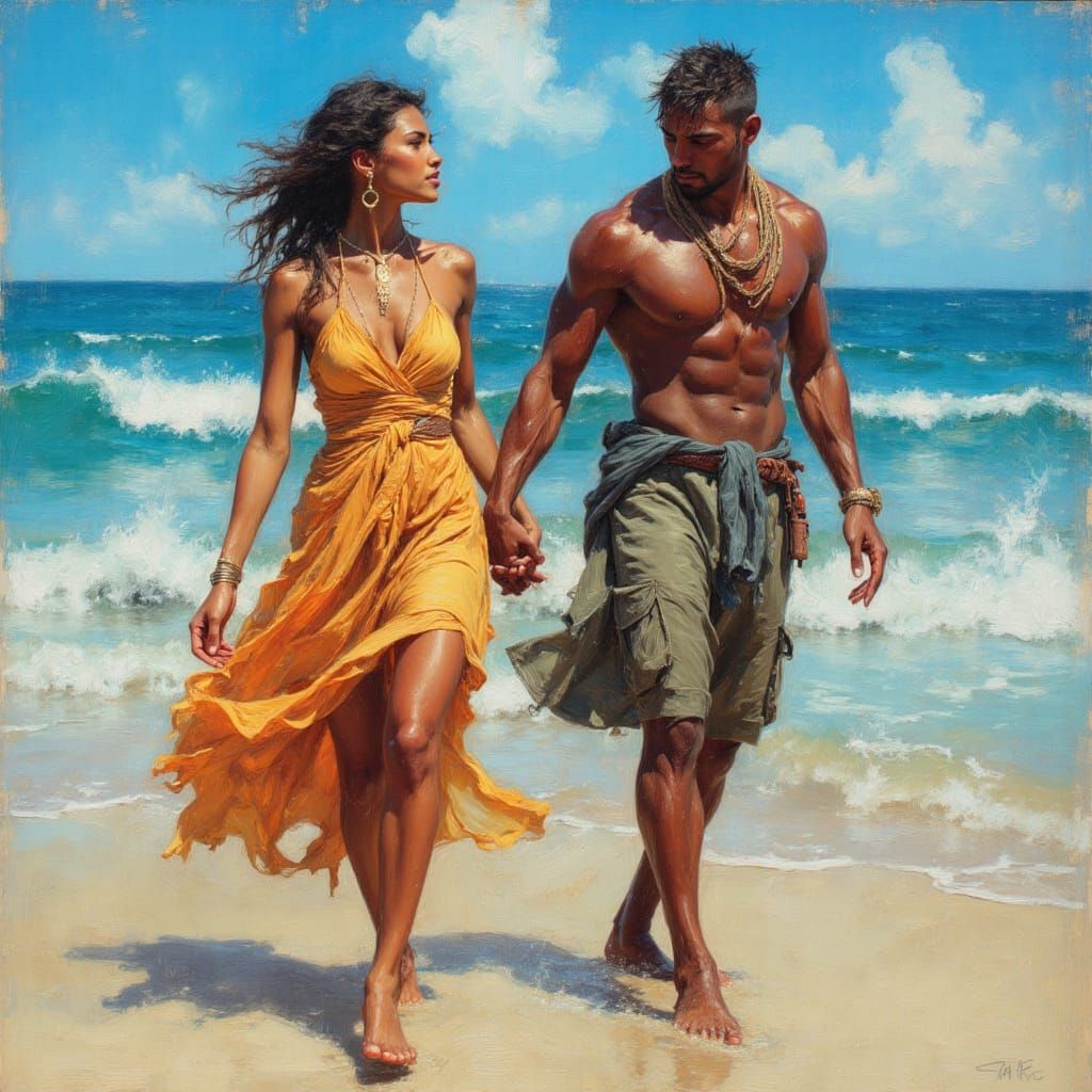 Divine Couple on Beach in Oil Painting Style