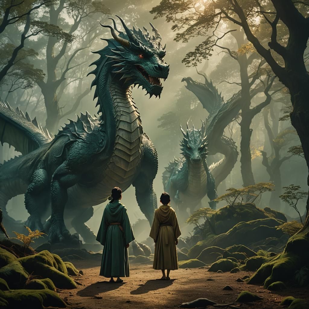 Majestic Dragon Beside Woman in Ancient Forest
