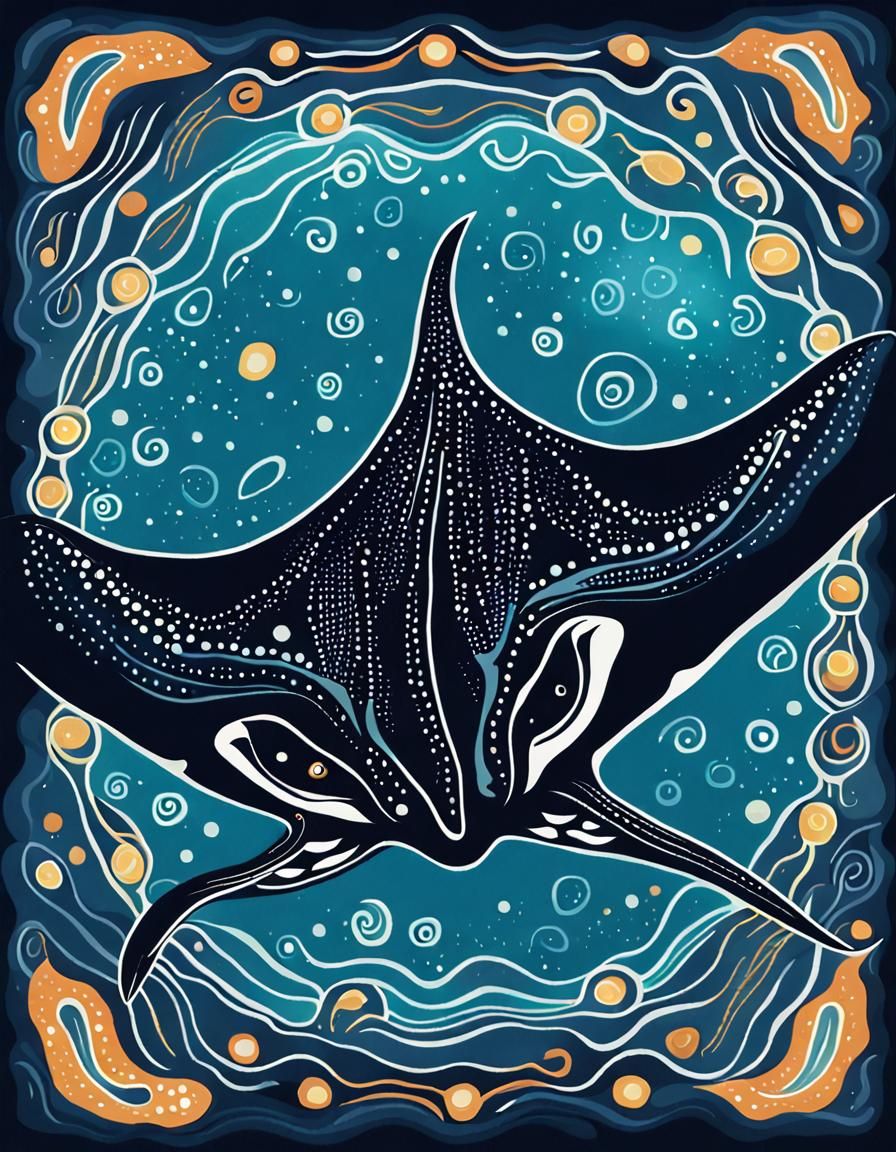 Manta Ray Swimming Freely: Aboriginal Naive Art
