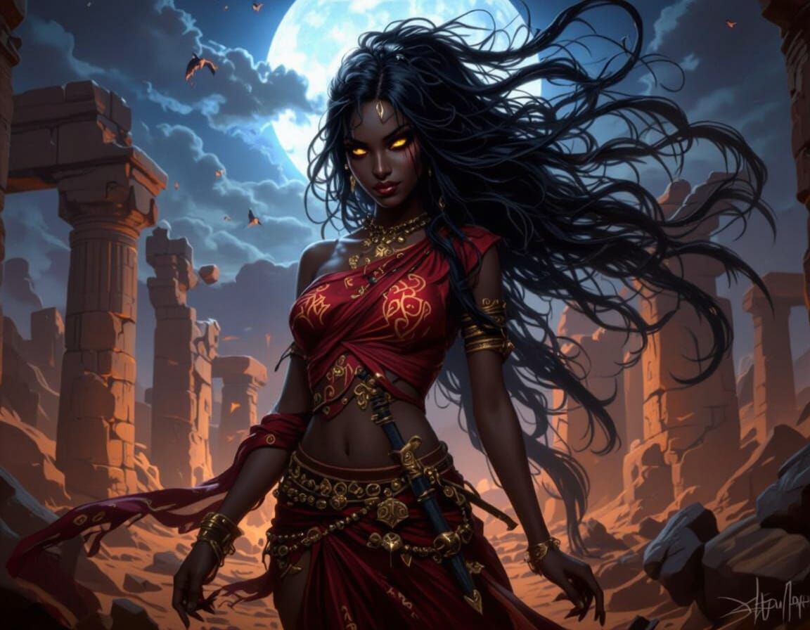 Stygian Courtesan in Desert Ruins at Dusk