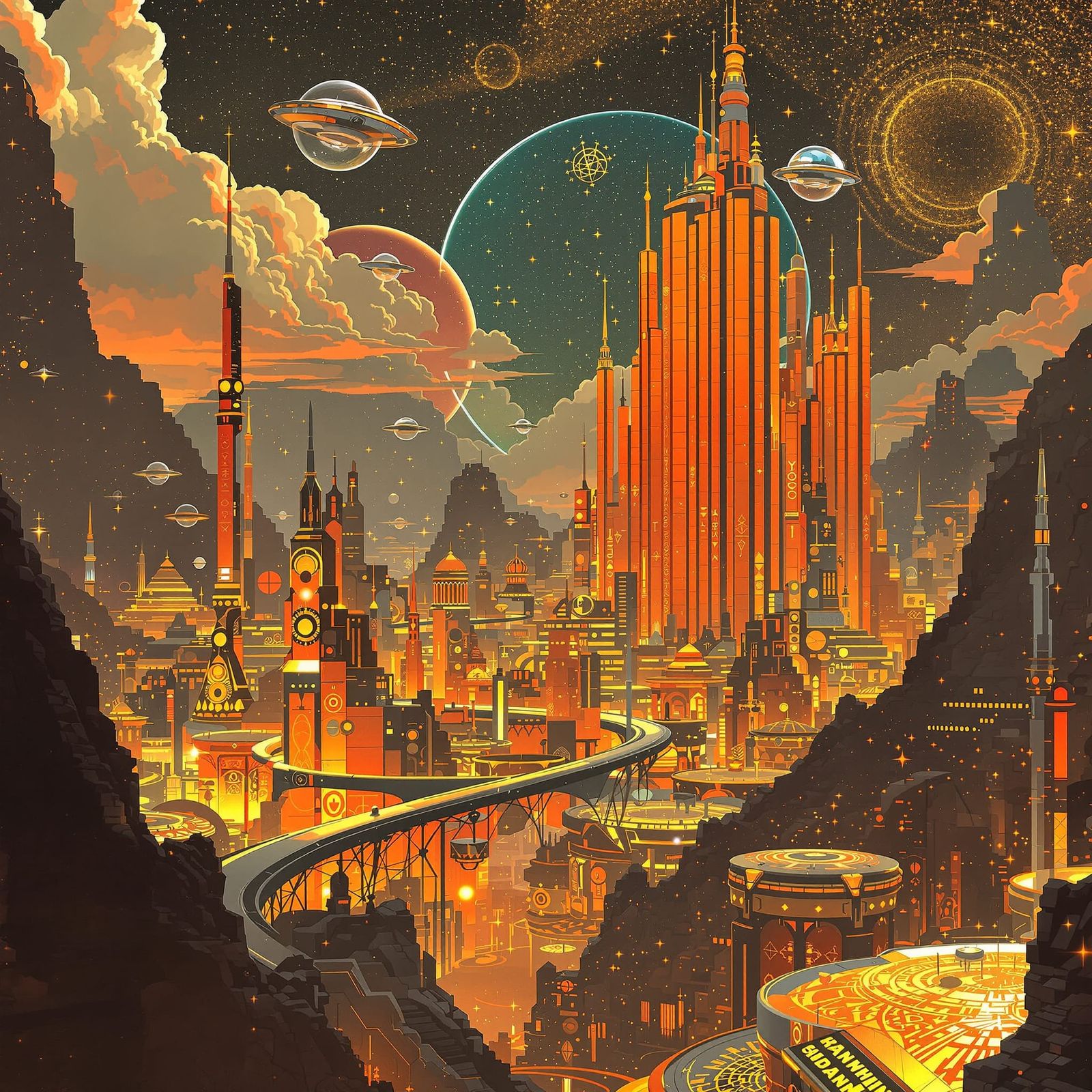 Utopian Orange Metropolis in Klimt Style