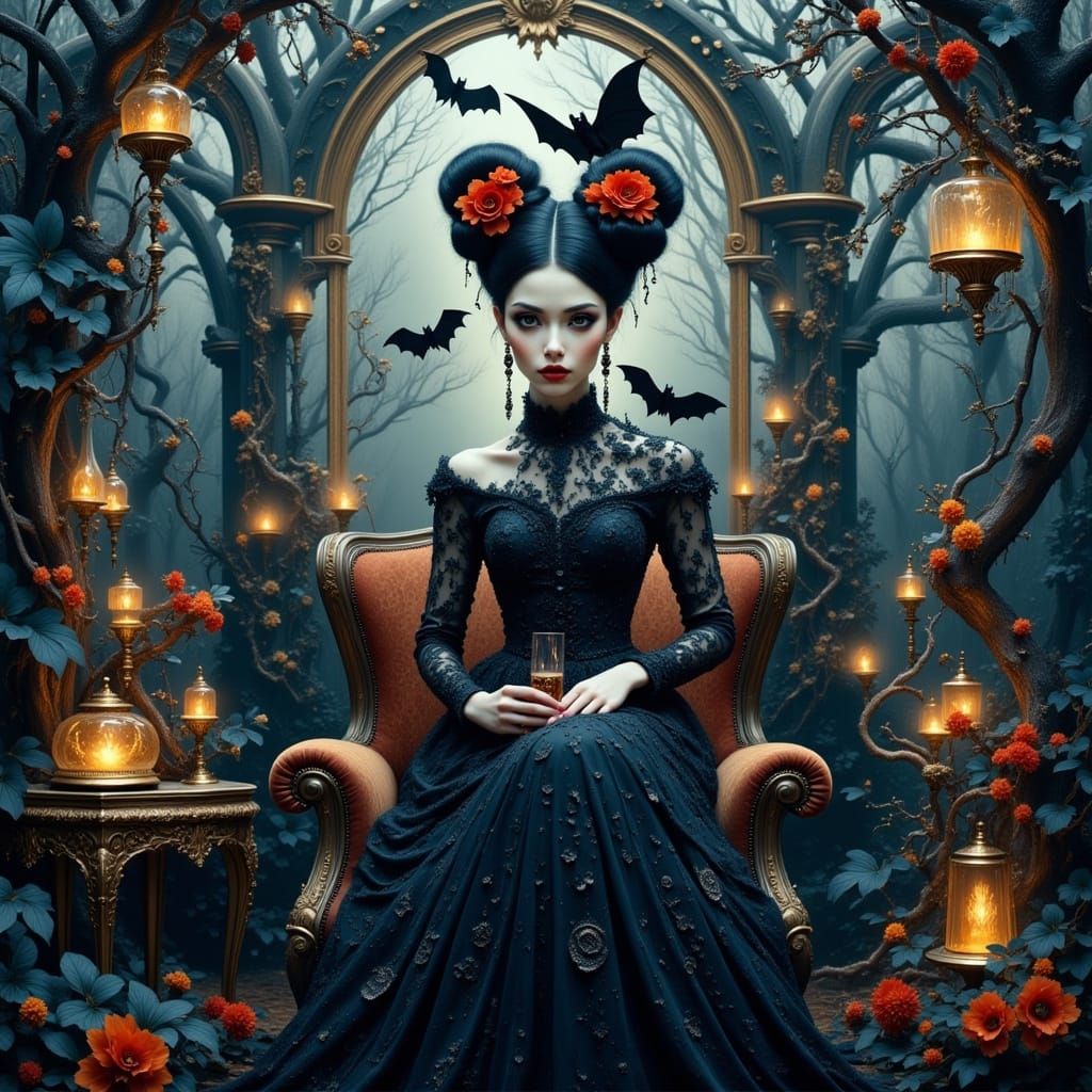 Gothic Winter Garden with Lady and Bat