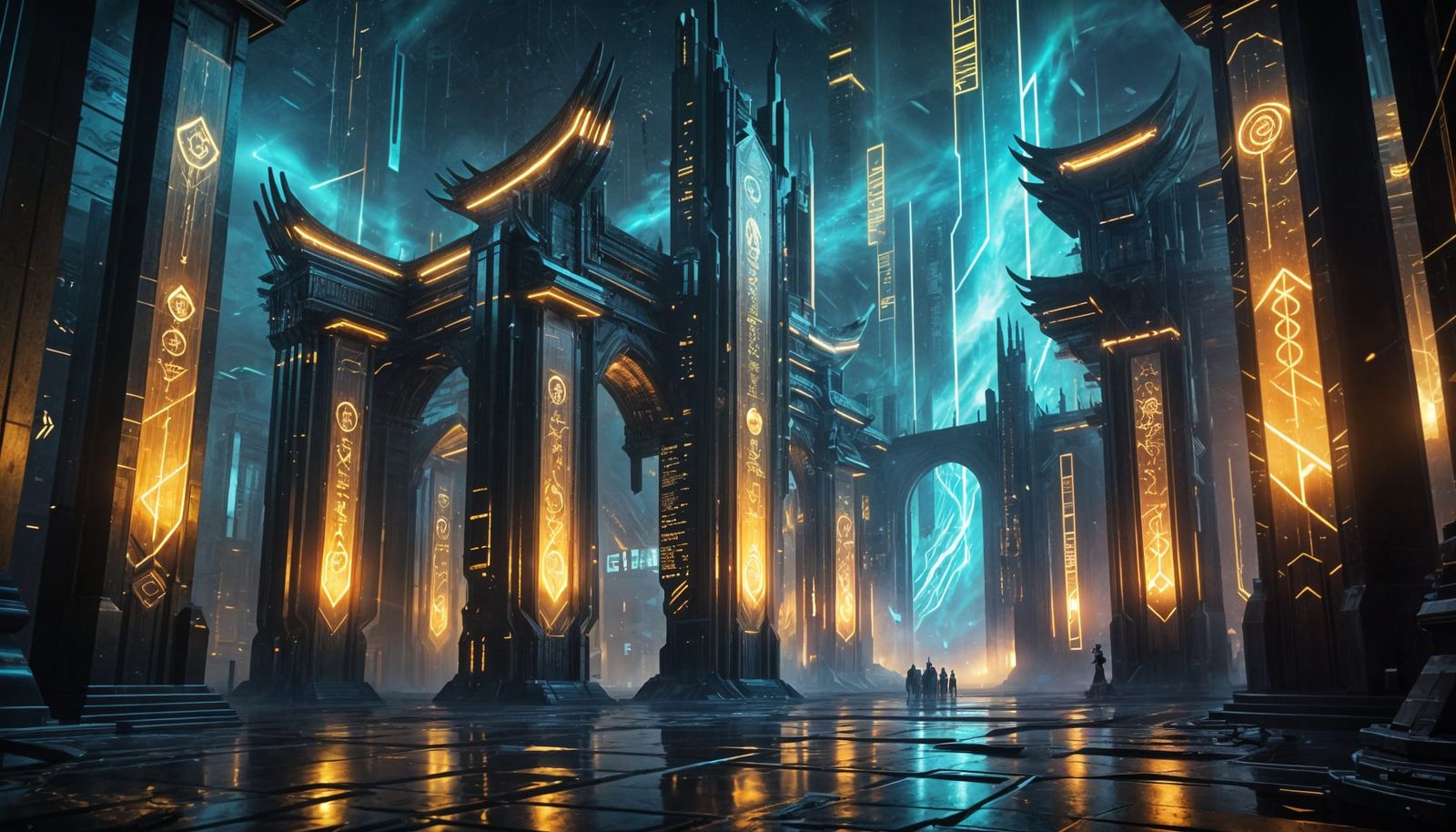 Cyberpunk Valhalla Above Futuristic City in Neon Glow