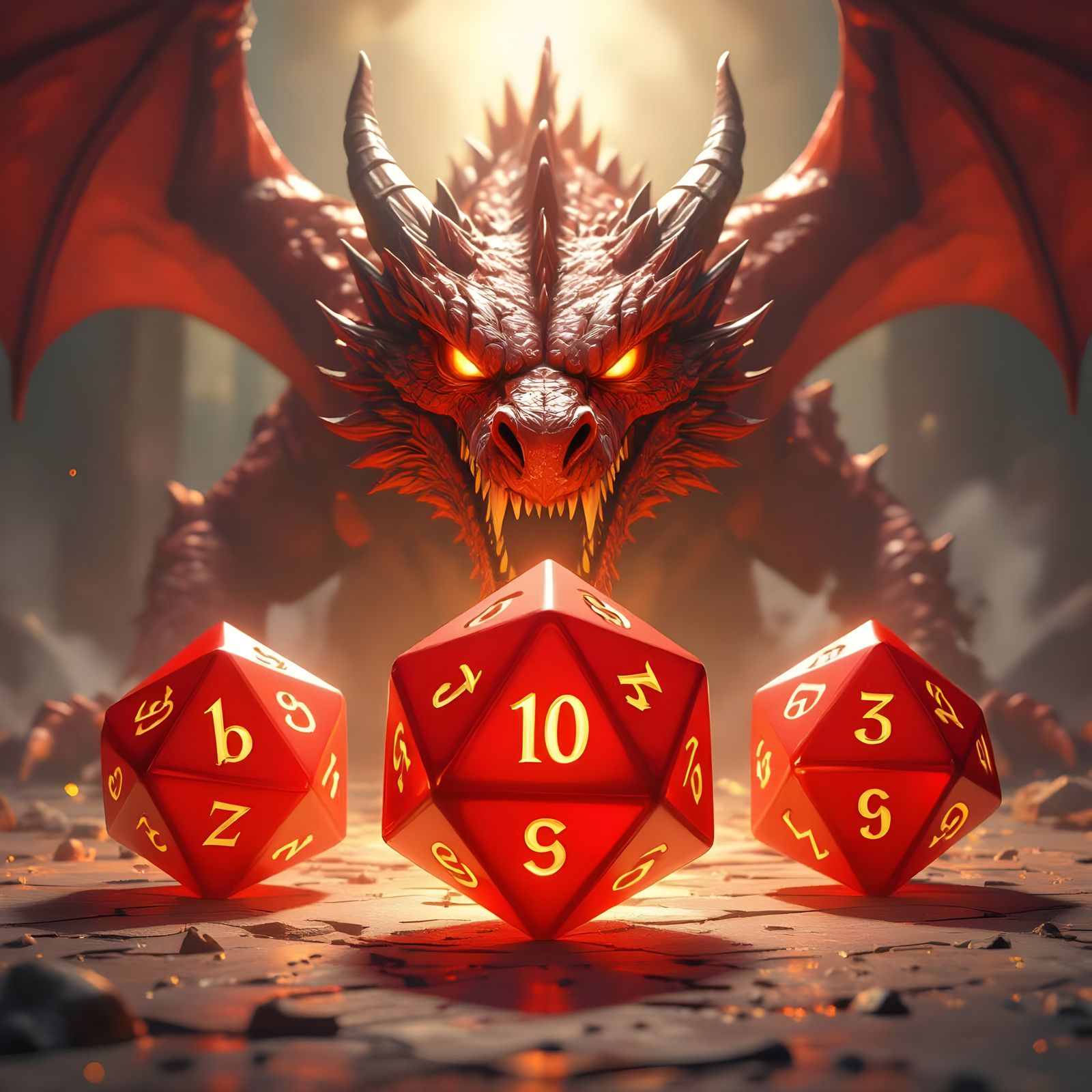 Cartoon Flaming D20 Dice with Dragon