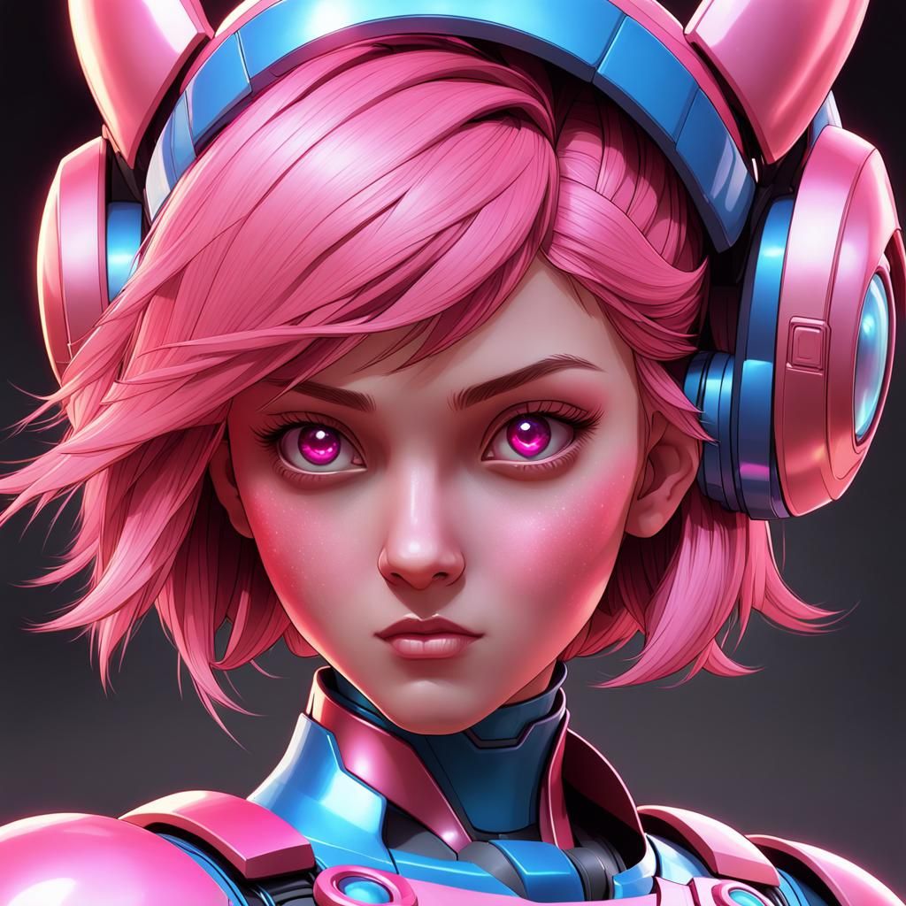 Pink Female MegaMan Portrait in Art Nouveau Style