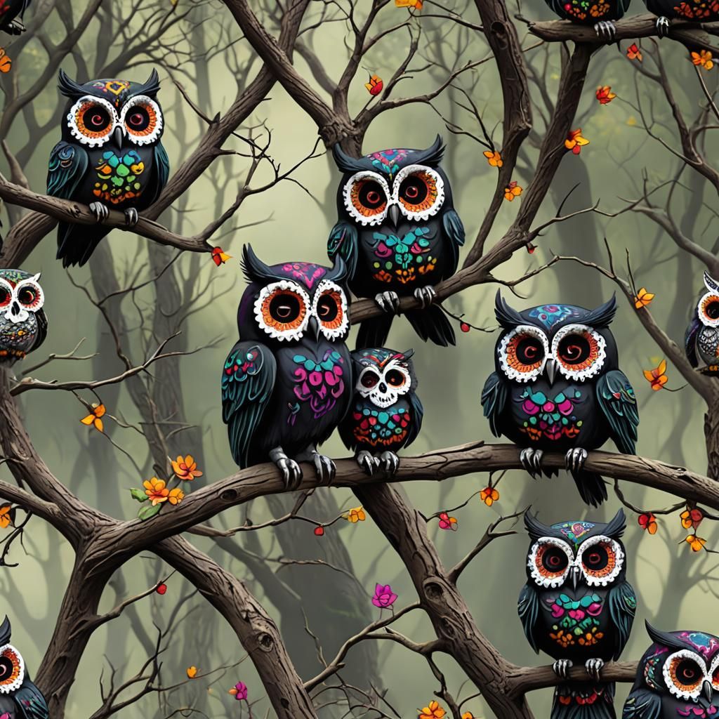 Colorful Goth Sugar Skull Owls on Branch