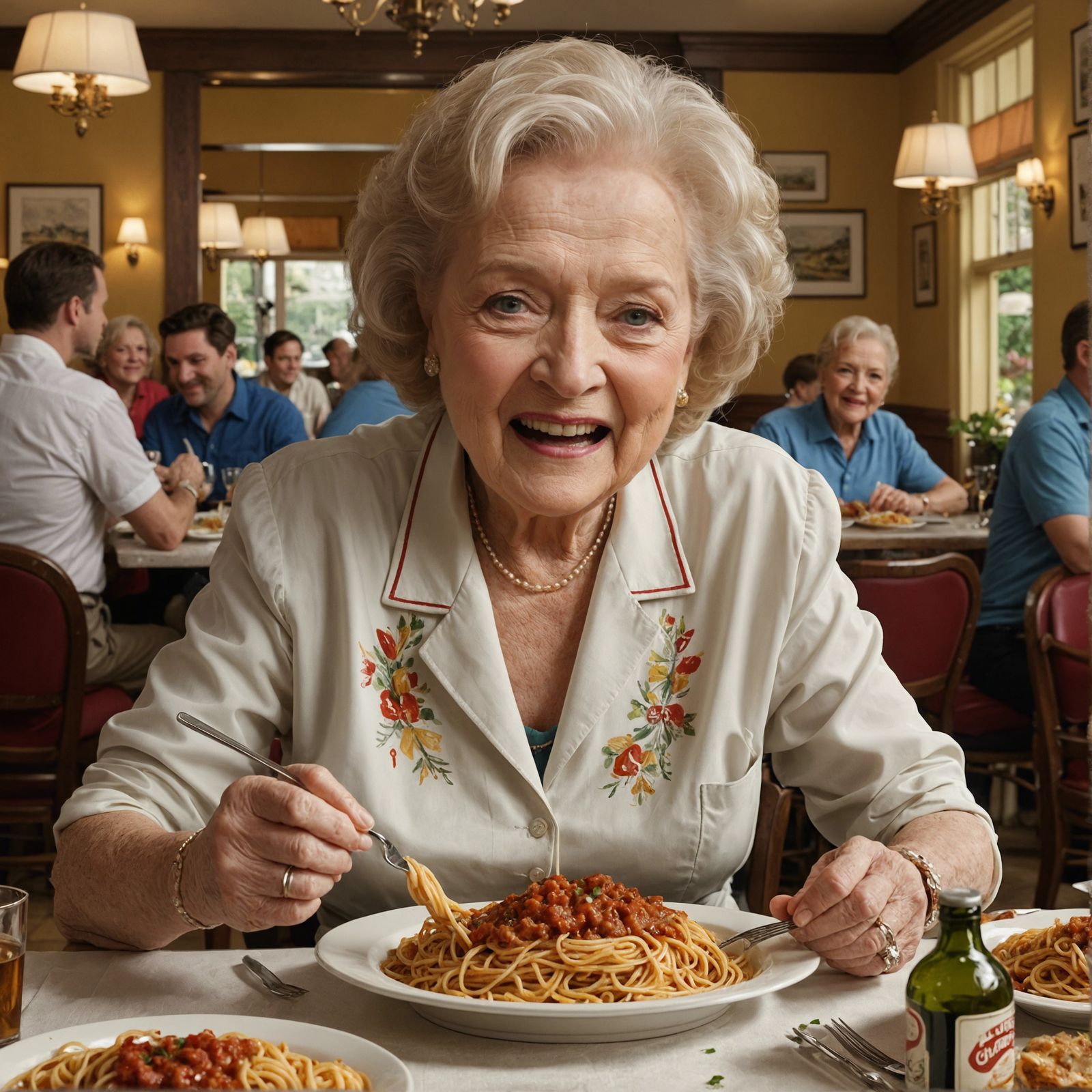 Happy Woman Eating Spaghetti, Hyperrealistic Digital Art