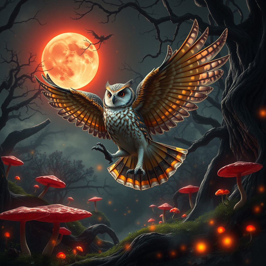 Mystical Owl Dances Under Blood Moon in Enchanted Forest