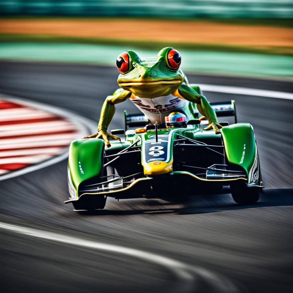 Hyperrealistic Frog Racer on F1 Track