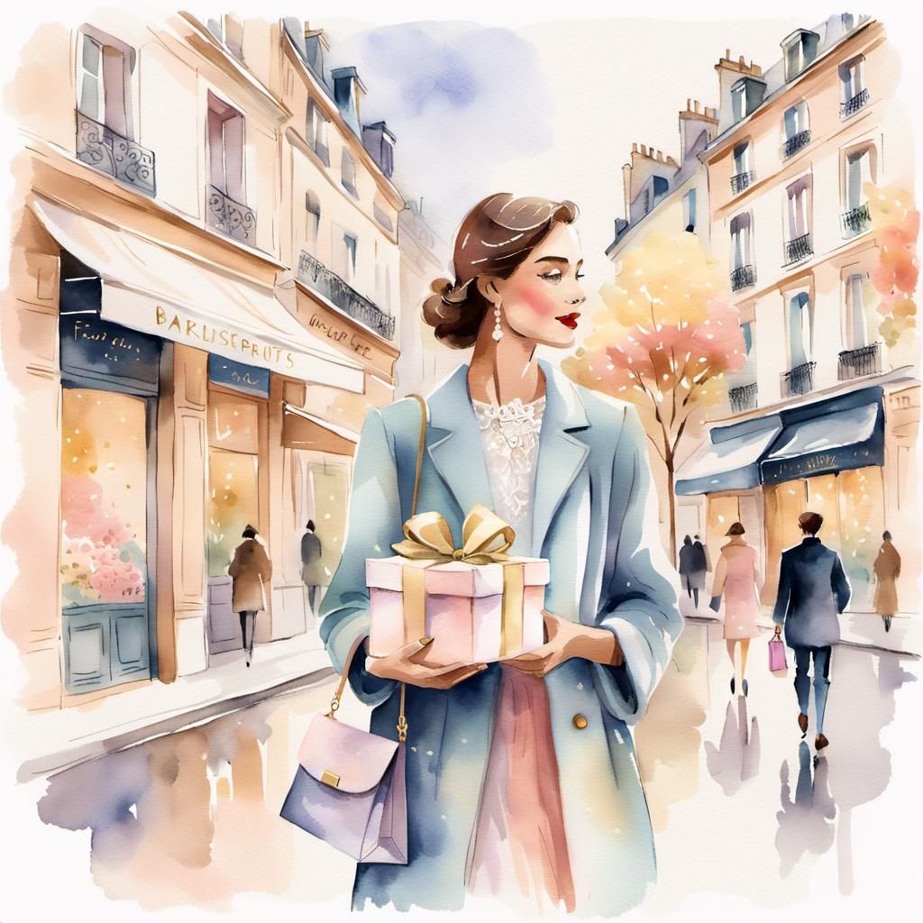 Parisian Woman with Gift in Watercolor Style