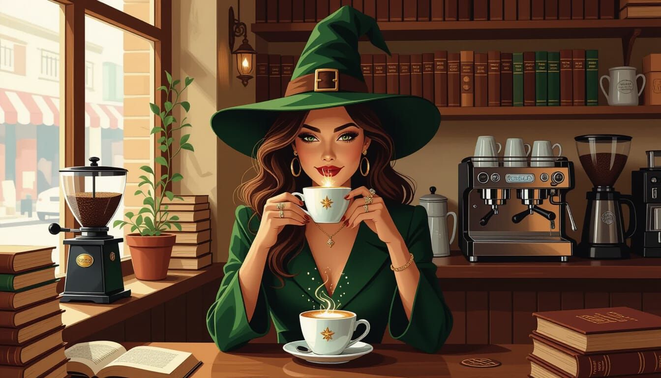Modern Witch Enjoys Latte in Magical Cafe