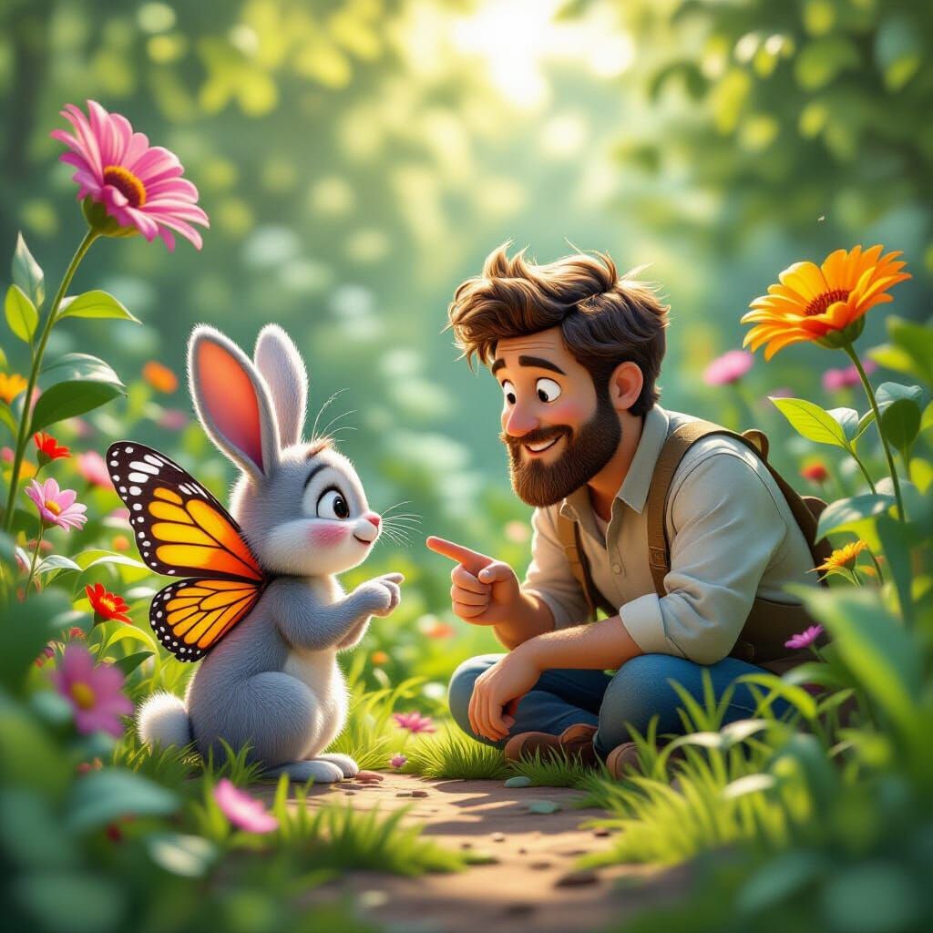 Whimsical Garden Encounter: Father, Child, and Bunnyfly