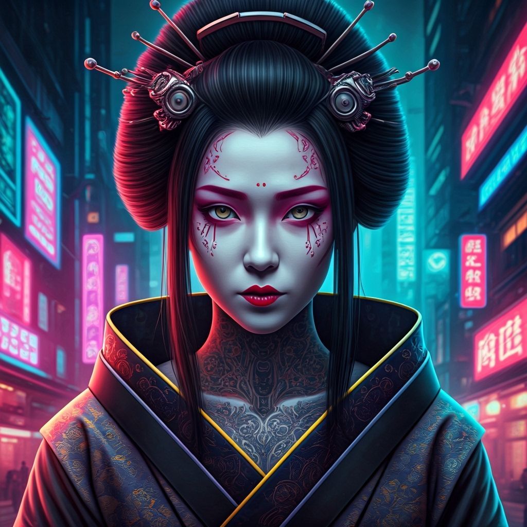 Cyberpunk Geisha Portrait in Neon Tokyo, Digital Art