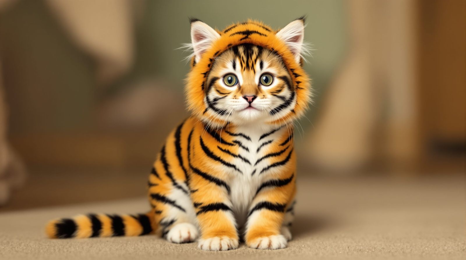Fluffy Kitten in Tiger Costume as Mock Ferocious Pet