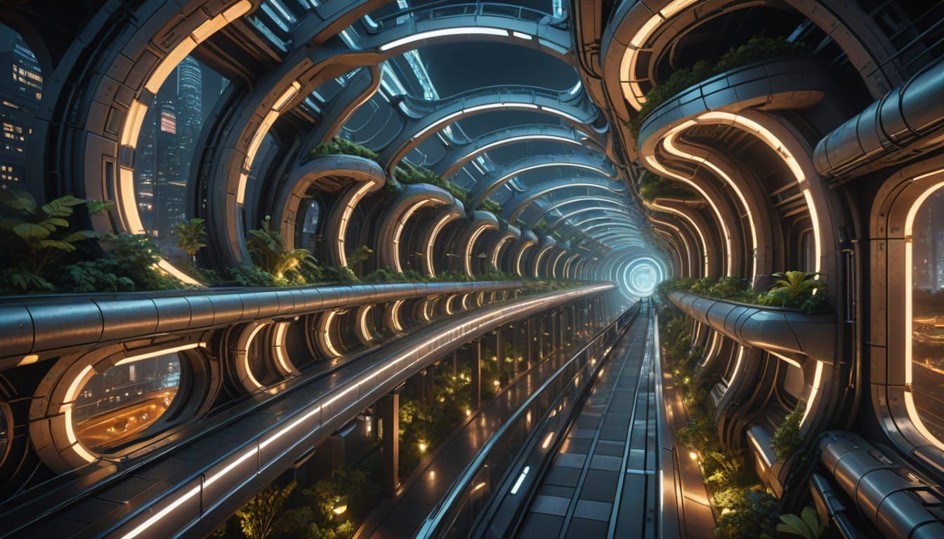Futuristic City with Sun-Wheels and Pods in Cinematic Style