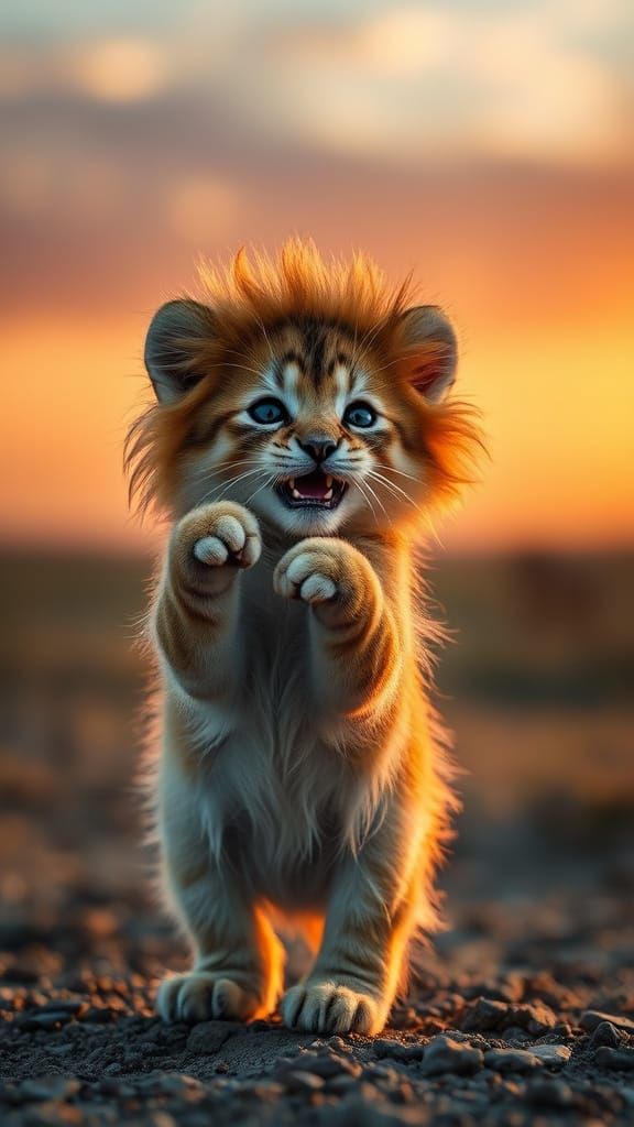 Kitten in Lion Mane Costume on Savanna