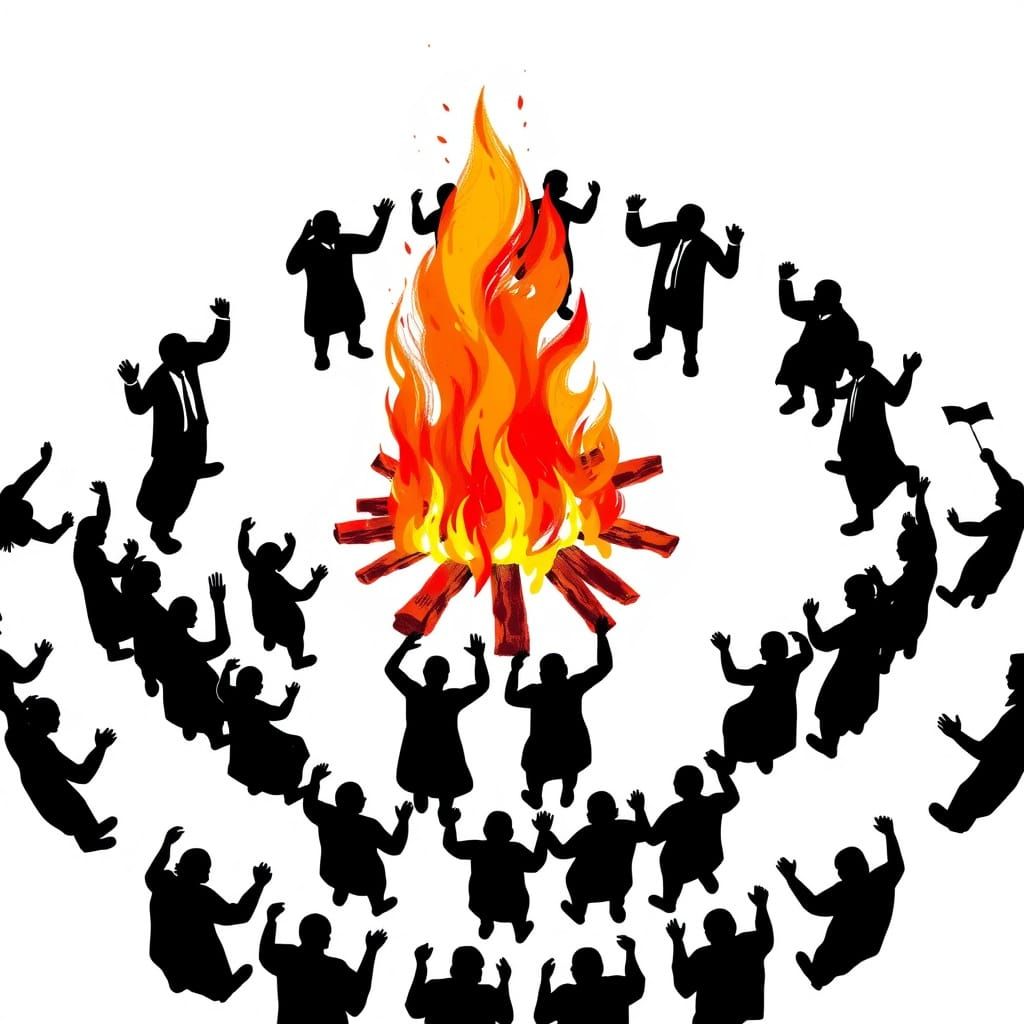 Surreal Bonfire Celebration in Hand-Drawn Digital Style