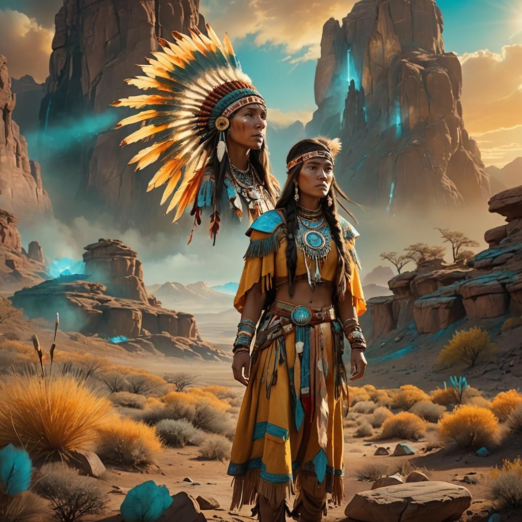 Native American Woman in Mystical Landscape