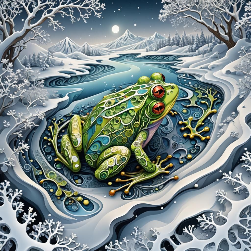 Psychedelic Frog in Snowy Landscape with Abstract Elements