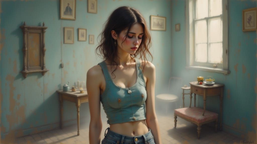 Confused Woman in Modern Room as Digital Art