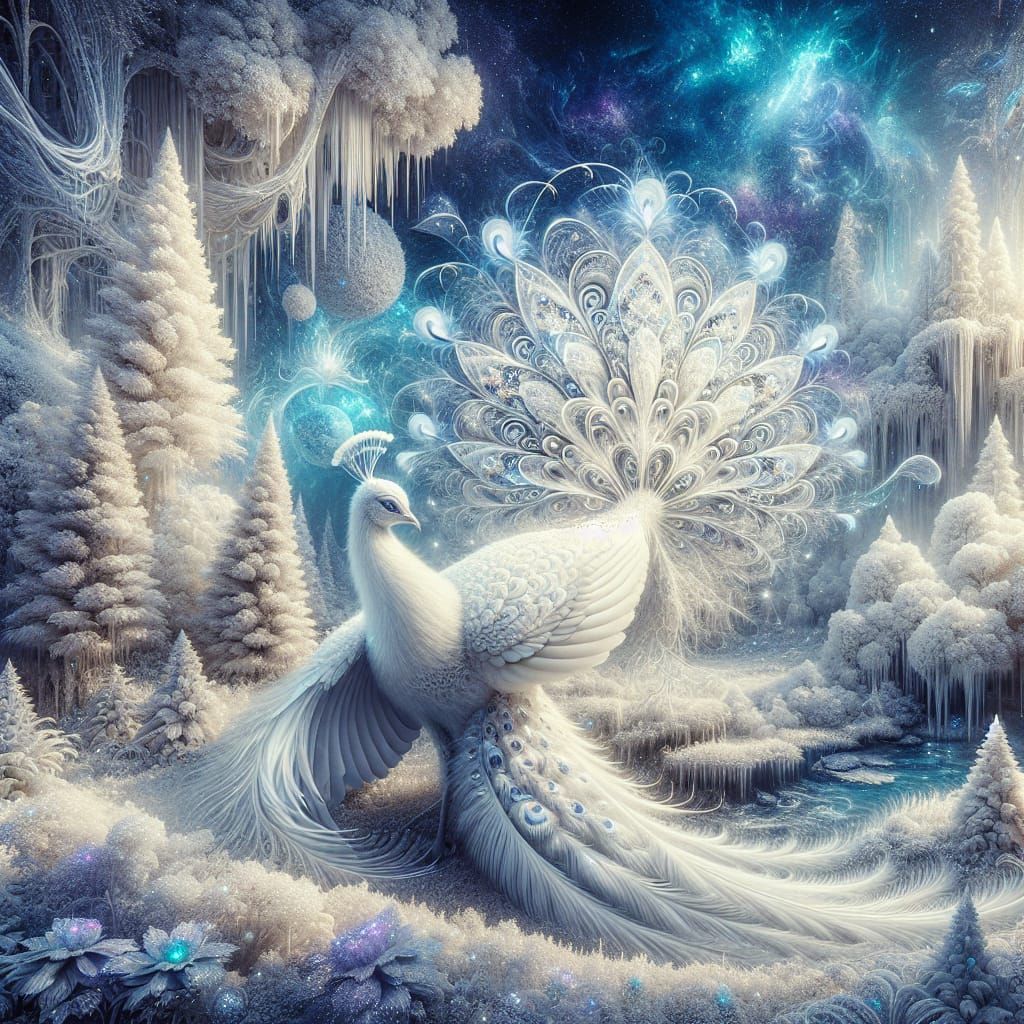 Ethereal Peacock in Winter Wonderland