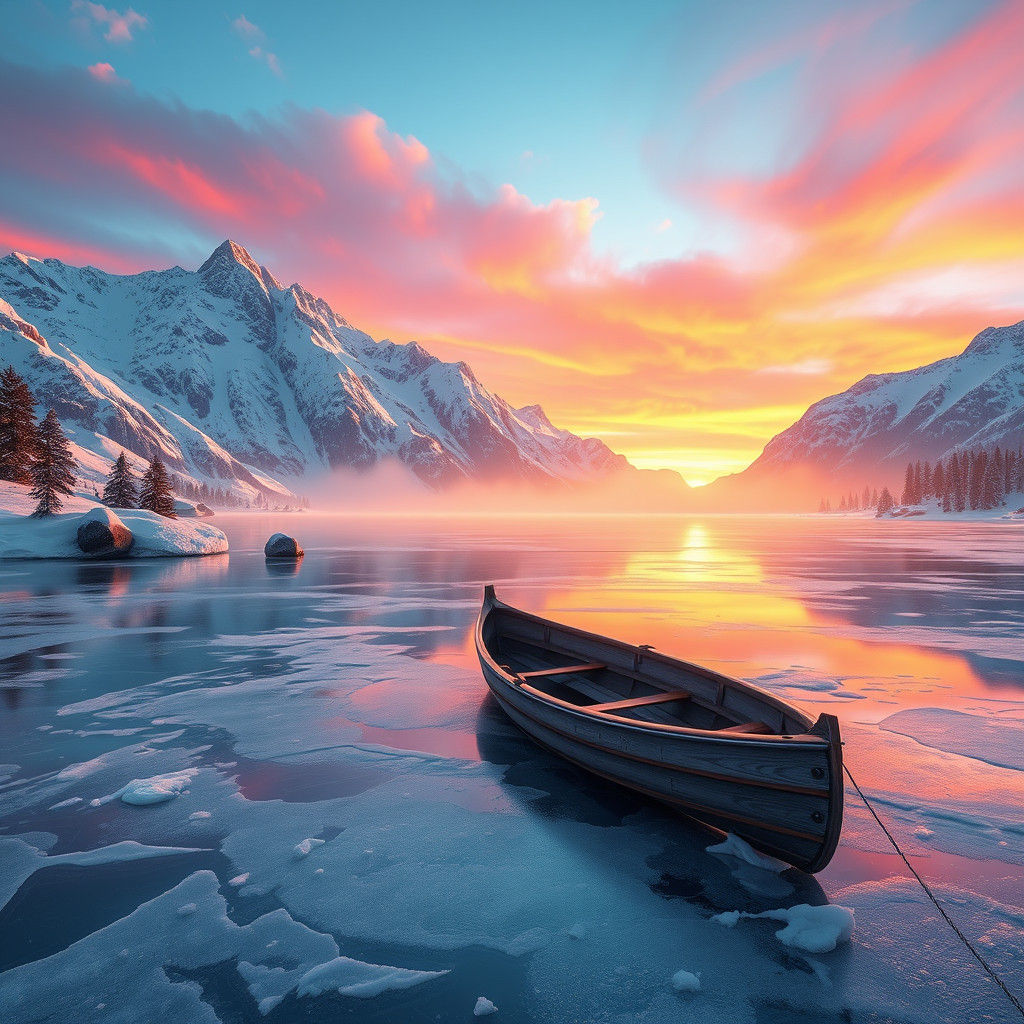 Frozen Lake Sunset with Boat, Fantasy Concept Art