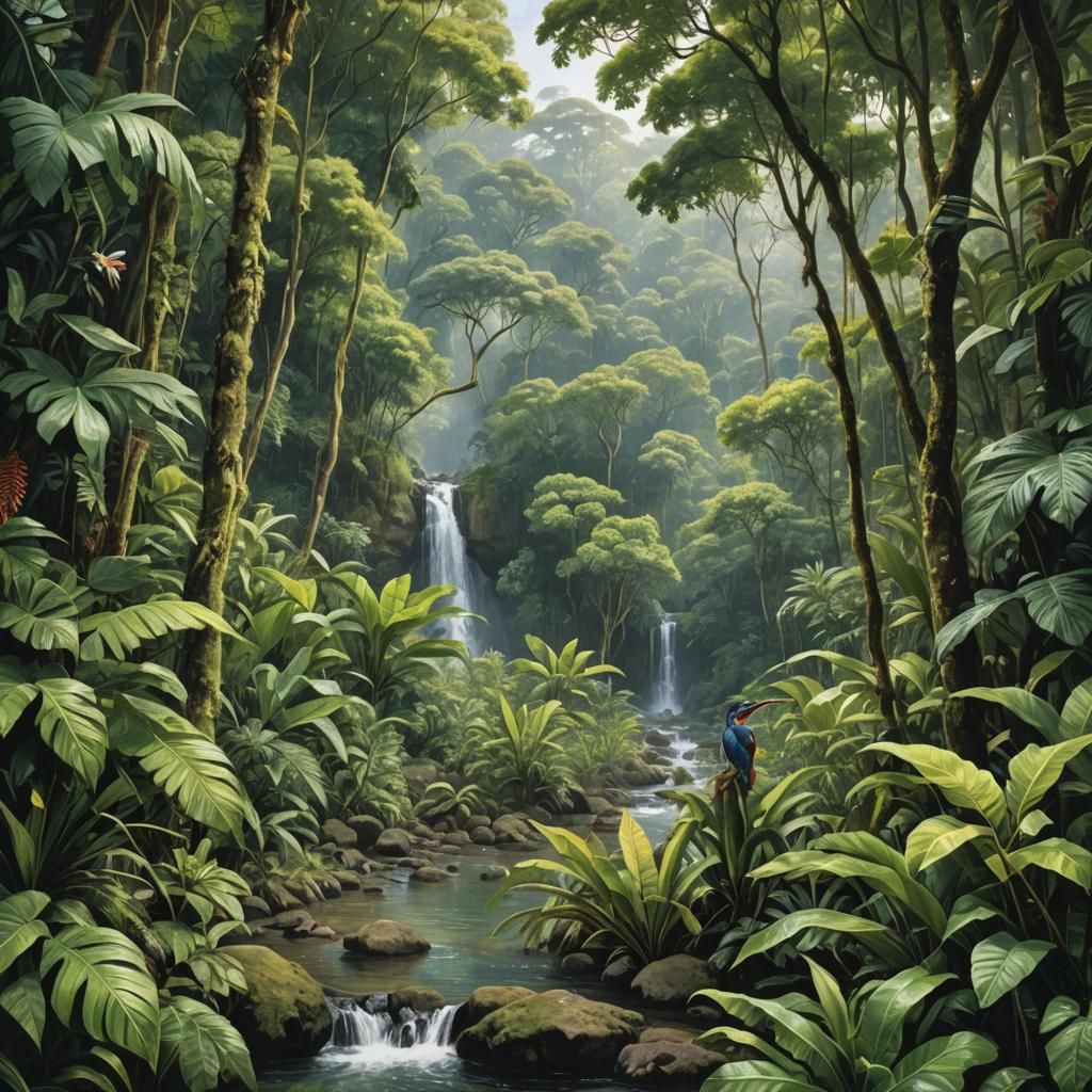Lush Tropical Rainforest with Kingfishers and Waterfall