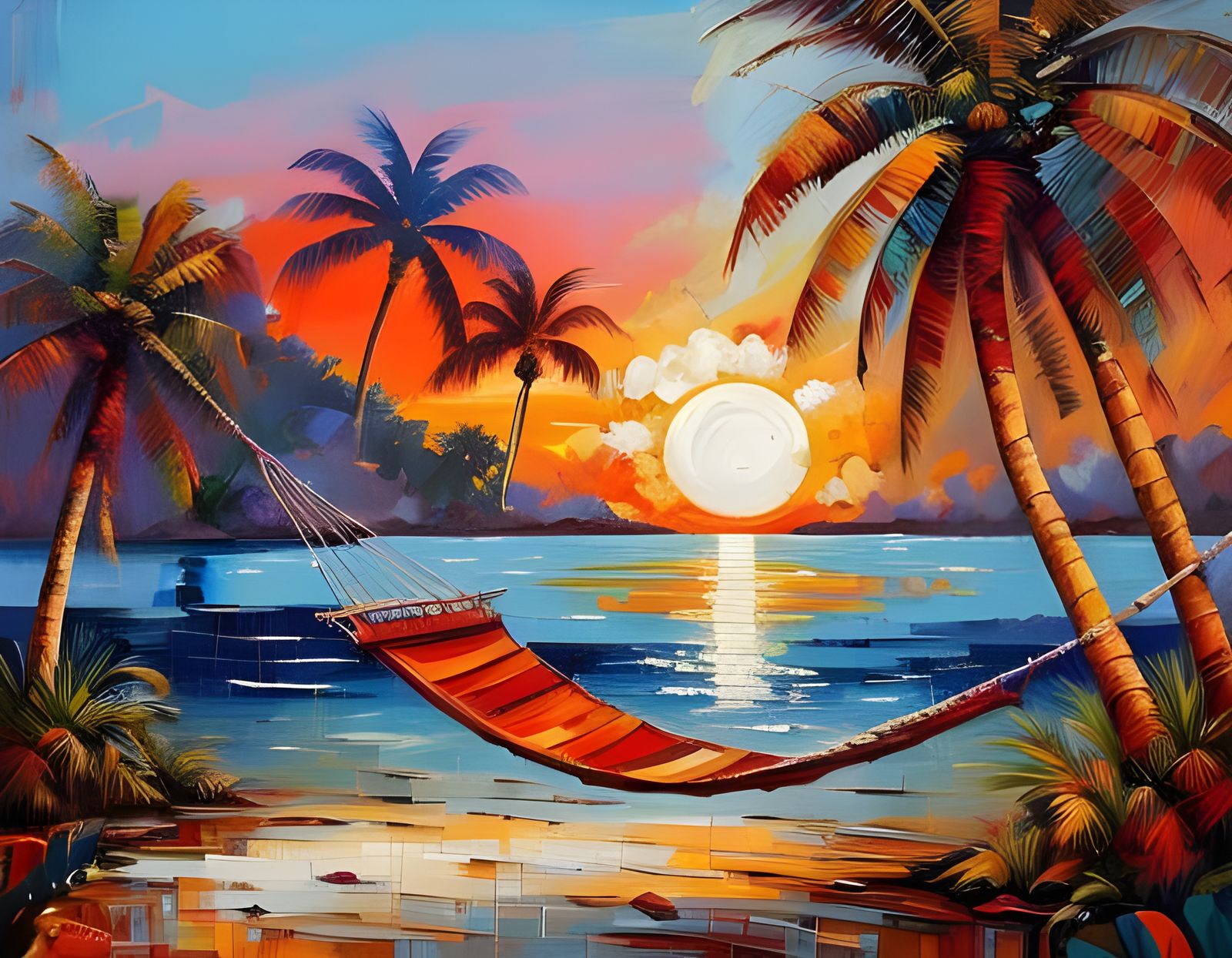 Island Oasis in Vibrant Impasto Style with Striped Elements