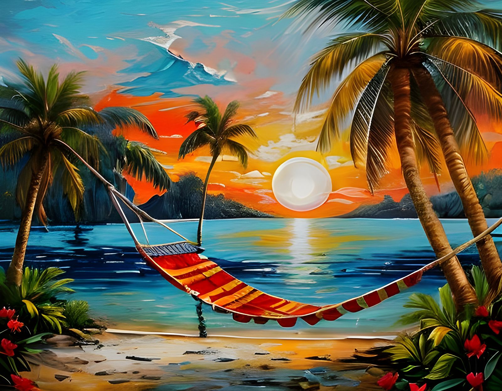 Impasto Island Oasis: Sunrise Hammock under Striped Palms